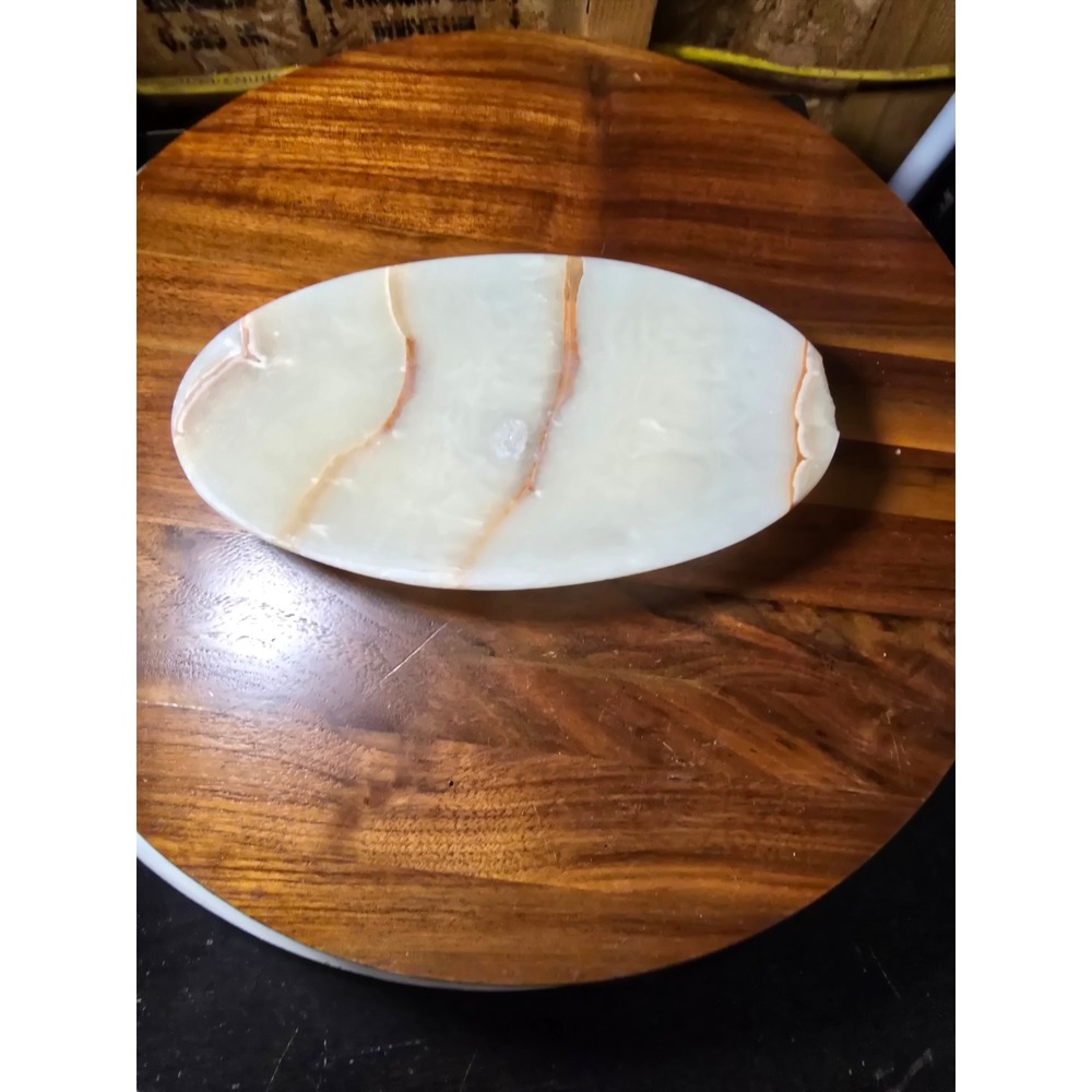 Vintage Banded Onyx Calcite Oval Bowl Dish 8in Carved Natural Stone Cream Tan